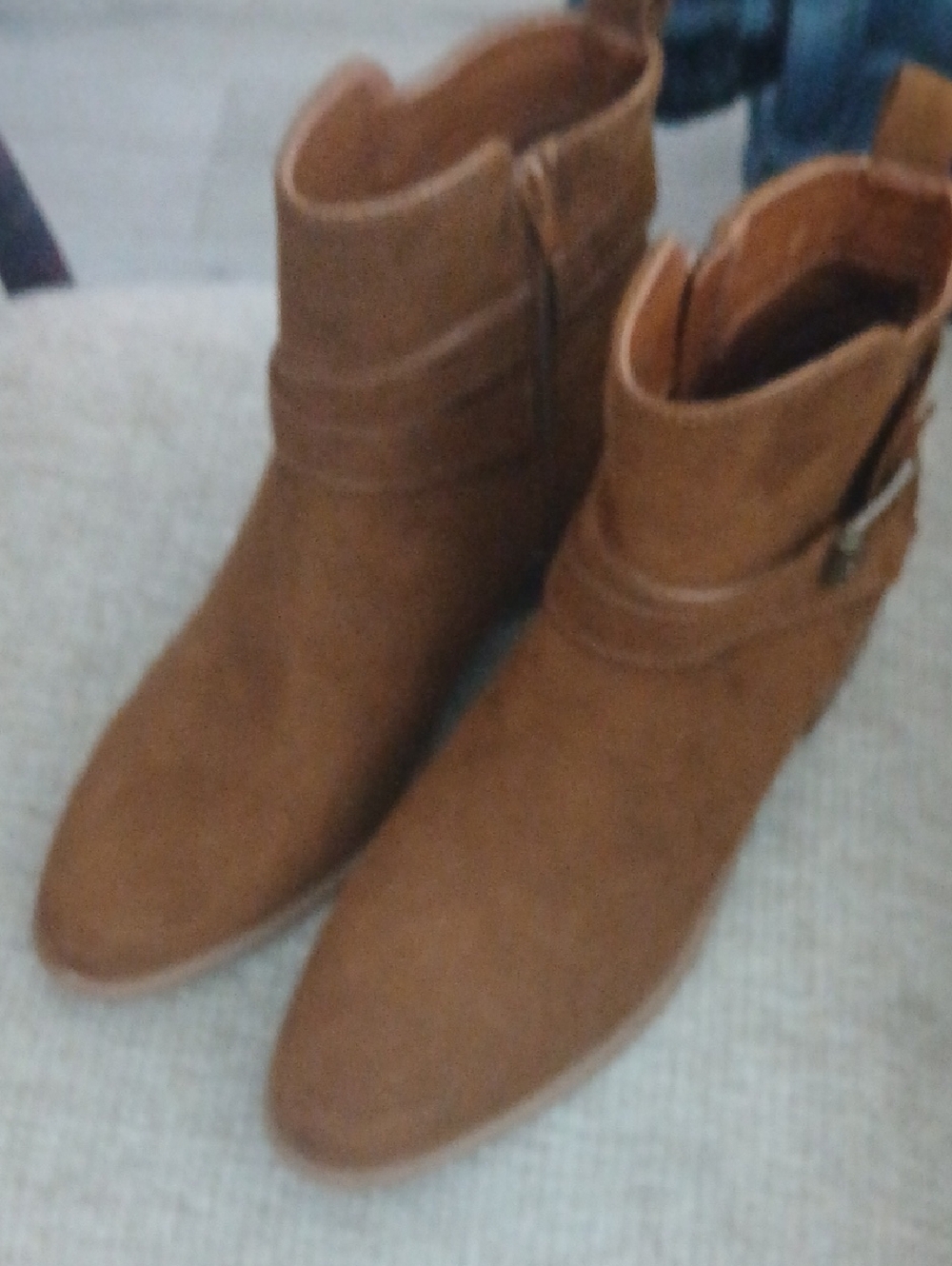 Esprit Brown Suede Ankle Booties with Side Buckle & Zipper 1inch Heel